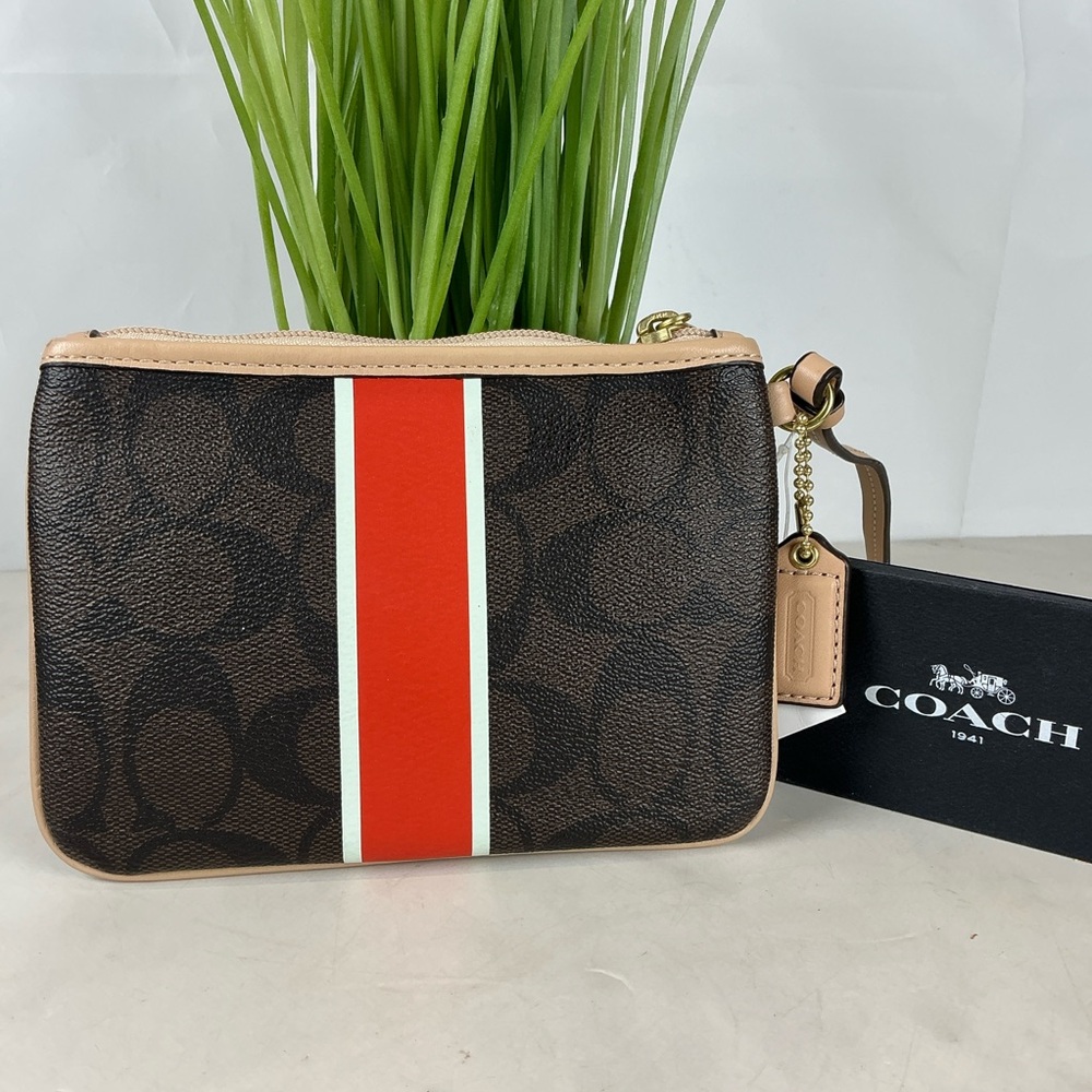 New Coach Signature Brown Vermillion Wristlet Bag with Red White Stripe‎ - Picture 3 of 10